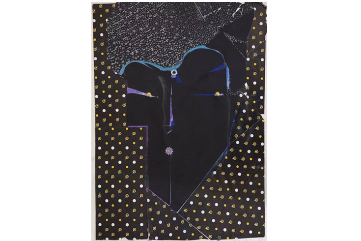 Analog by Moyo, 2015. Paper collage on a board (the matte black paper is an import from a friend and features a Hafiz poem, the dotted paper was found in Wired magazine at Christmas time, intended to be wrapping paper for some gift featured in the magazine), screws, a nut and a washer.